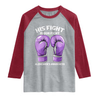 Purple Boxing Gloves Alzheimers Support Raglan Shirt His Fight Our Fight