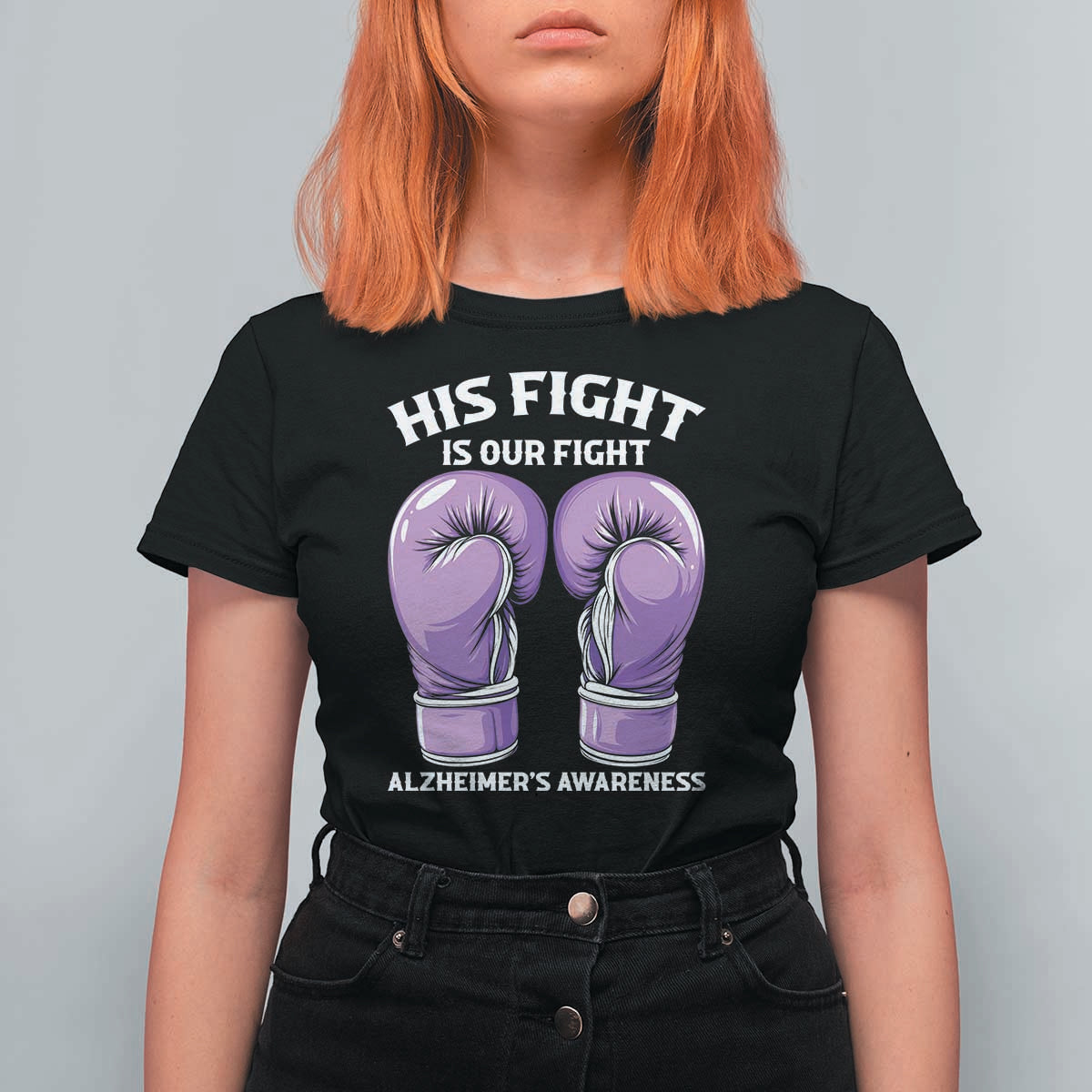 Purple Boxing Gloves Alzheimers Support T Shirt For Women His Fight Our Fight