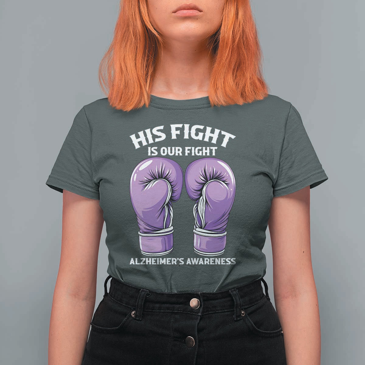 Purple Boxing Gloves Alzheimers Support T Shirt For Women His Fight Our Fight