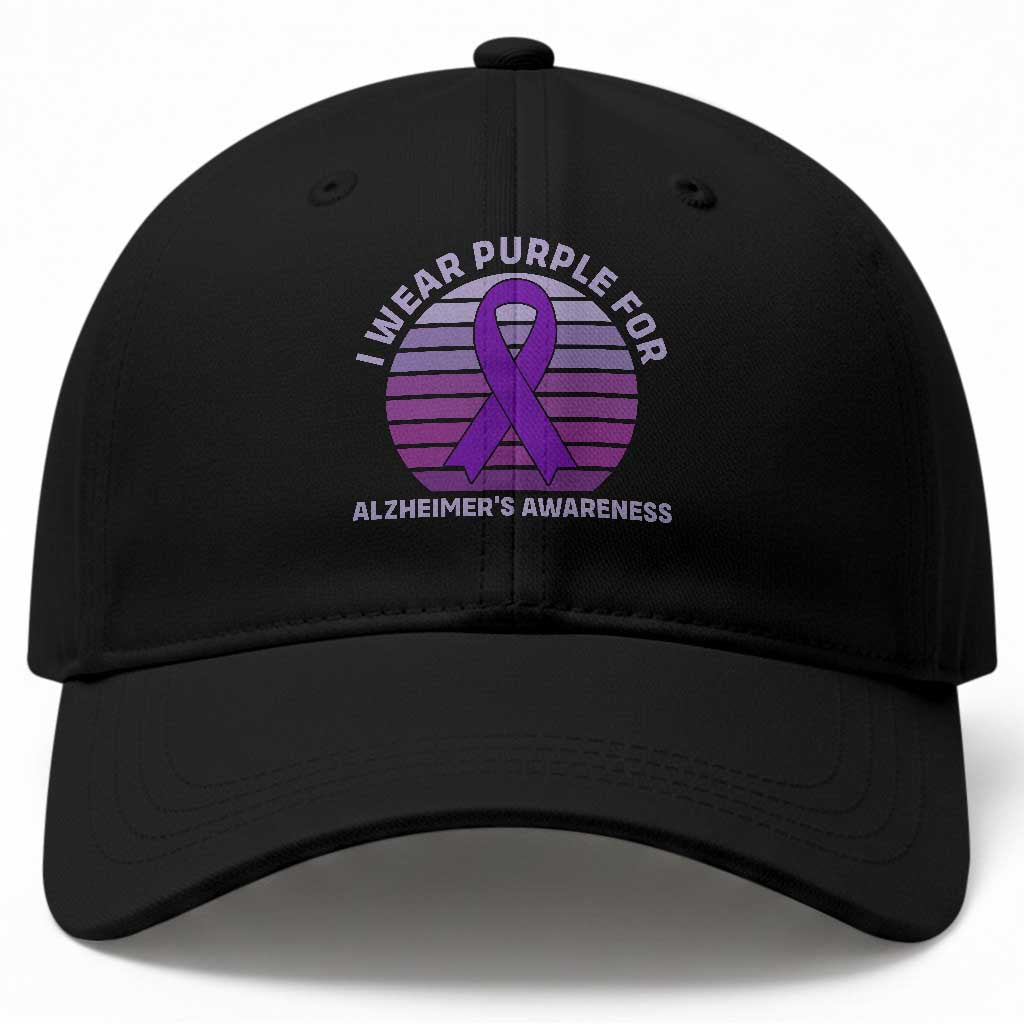I Wear Purple For Alzheimers Baseball Cap Vintage Sunset Purple Ribbon Graphic
