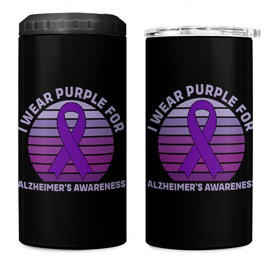 I Wear Purple For Alzheimers 4 in 1 Can Cooler Tumbler Vintage Sunset Purple Ribbon Graphic