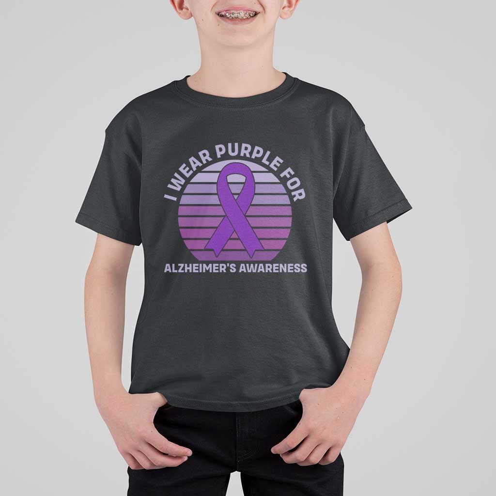 I Wear Purple For Alzheimers T Shirt For Kid Vintage Sunset Purple Ribbon Graphic