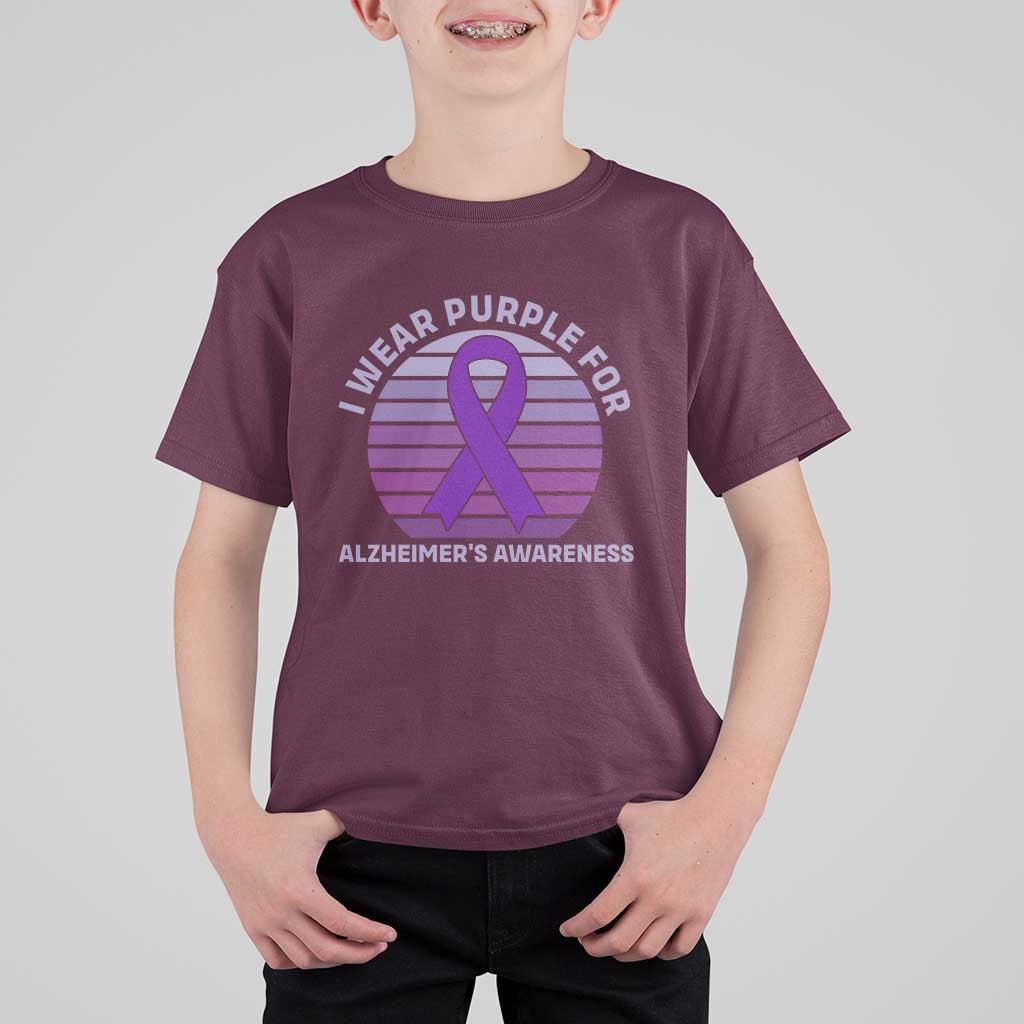 I Wear Purple For Alzheimers T Shirt For Kid Vintage Sunset Purple Ribbon Graphic