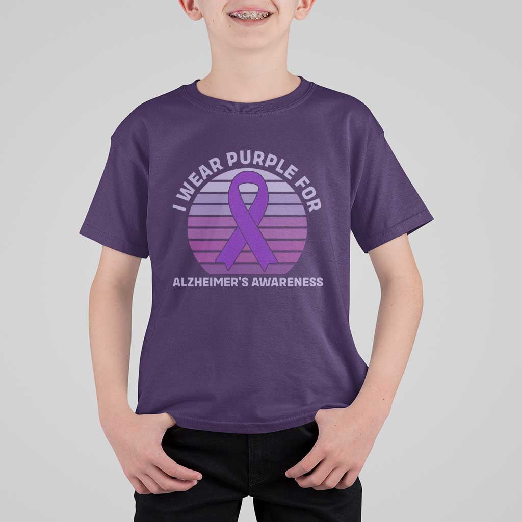 I Wear Purple For Alzheimers T Shirt For Kid Vintage Sunset Purple Ribbon Graphic