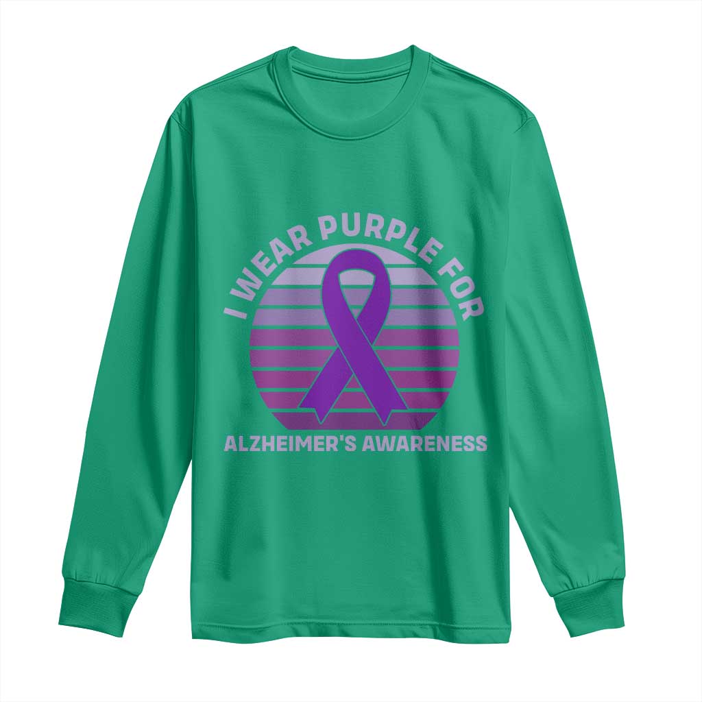 I Wear Purple For Alzheimers Long Sleeve Shirt Vintage Sunset Purple Ribbon Graphic