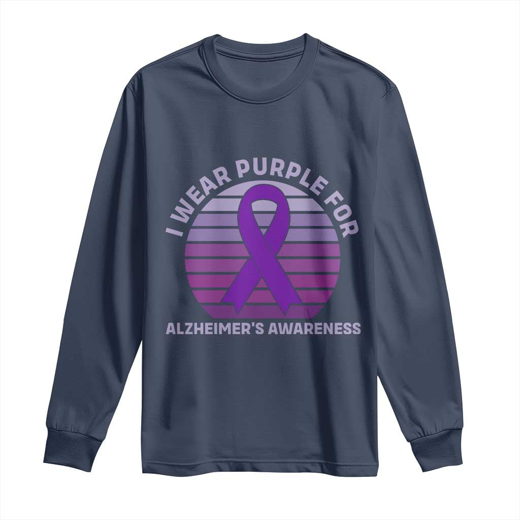 I Wear Purple For Alzheimers Long Sleeve Shirt Vintage Sunset Purple Ribbon Graphic
