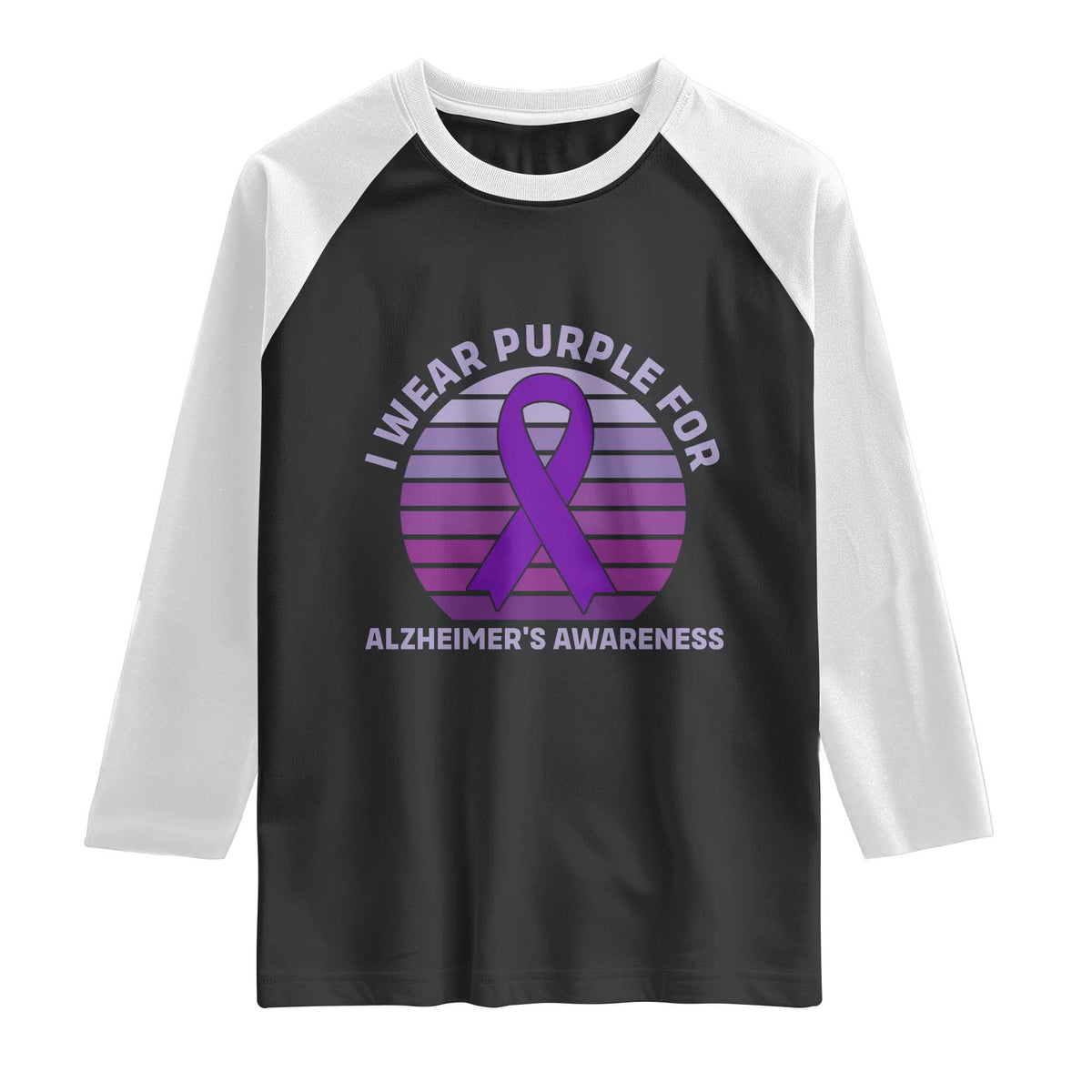 I Wear Purple For Alzheimers Raglan Shirt Vintage Sunset Purple Ribbon Graphic