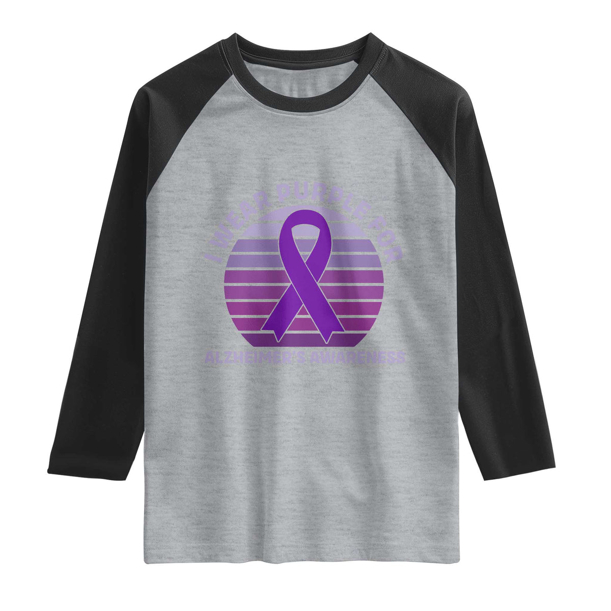 I Wear Purple For Alzheimers Raglan Shirt Vintage Sunset Purple Ribbon Graphic