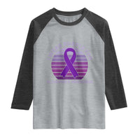 I Wear Purple For Alzheimers Raglan Shirt Vintage Sunset Purple Ribbon Graphic