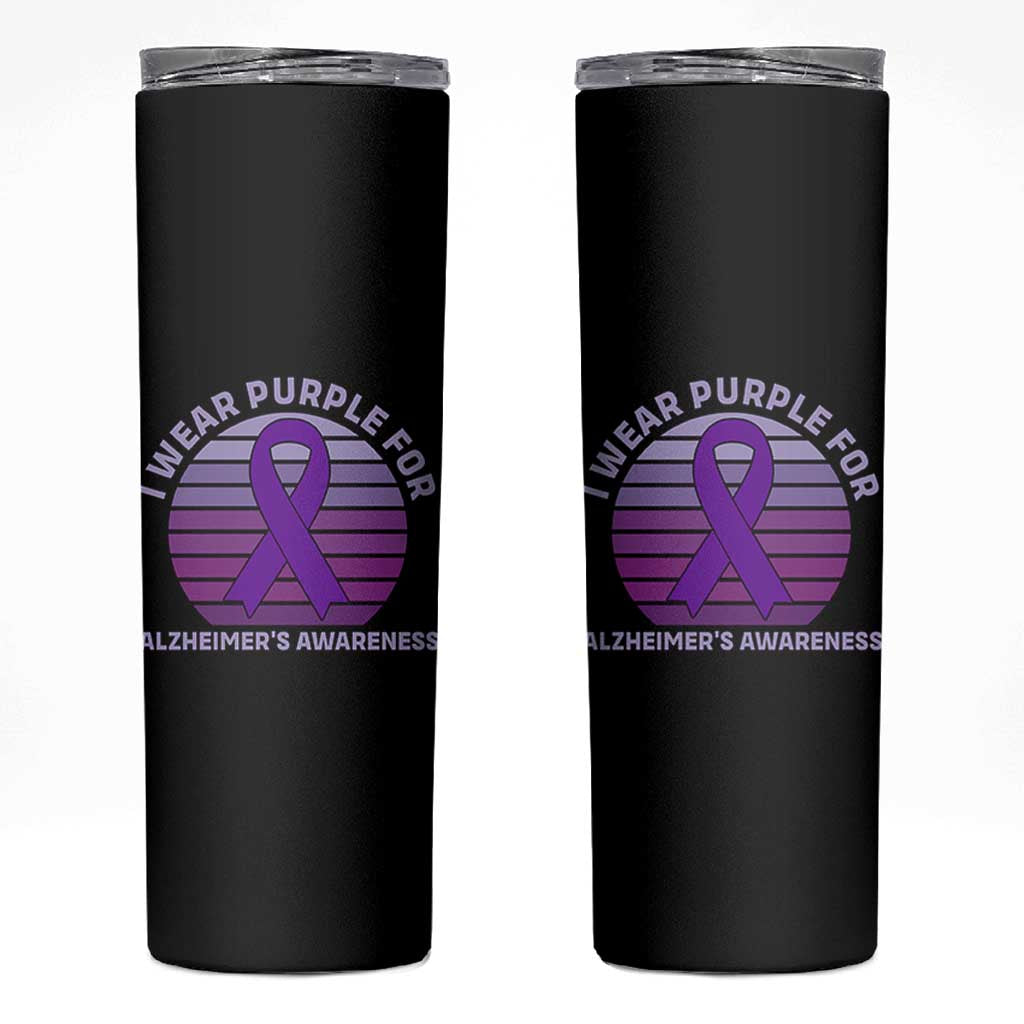 I Wear Purple For Alzheimers Skinny Tumbler Vintage Sunset Purple Ribbon Graphic