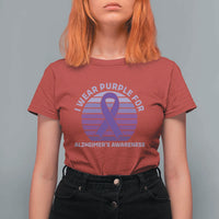 I Wear Purple For Alzheimers T Shirt For Women Vintage Sunset Purple Ribbon Graphic