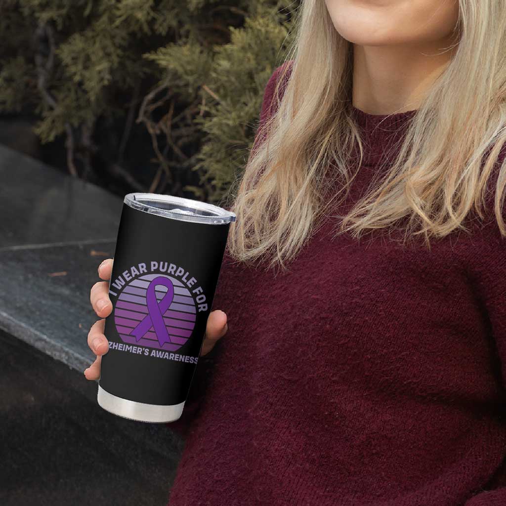 I Wear Purple For Alzheimers Tumbler Cup Vintage Sunset Purple Ribbon Graphic