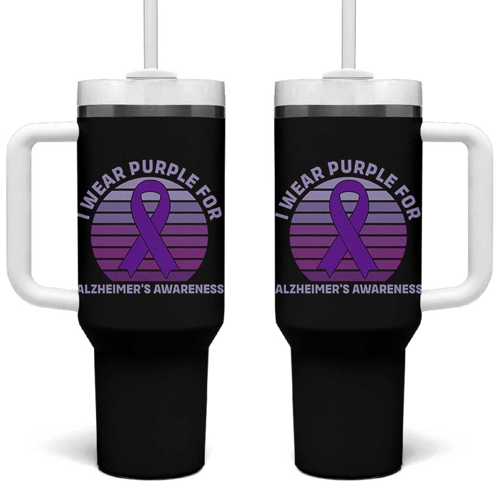 I Wear Purple For Alzheimers Tumbler With Handle Vintage Sunset Purple Ribbon Graphic