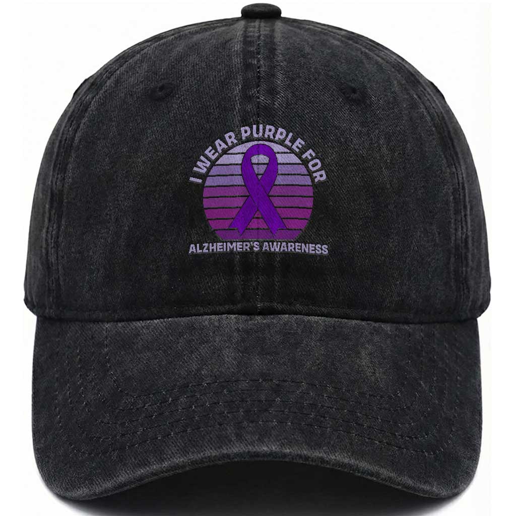 I Wear Purple For Alzheimers Washed Cotton Baseball Cap Vintage Sunset Purple Ribbon Graphic