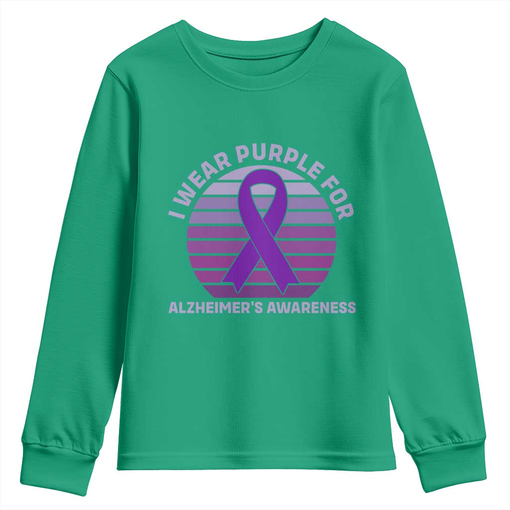 I Wear Purple For Alzheimers Youth Sweatshirt Vintage Sunset Purple Ribbon Graphic