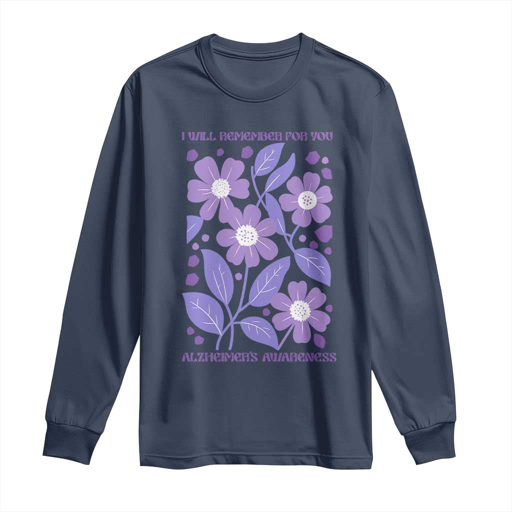 Alzheimers Purple Floral Retro Graphic Long Sleeve Shirt I Will Remember For You