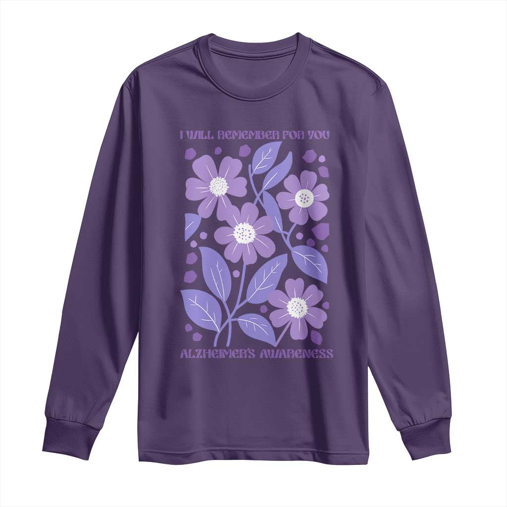 Alzheimers Purple Floral Retro Graphic Long Sleeve Shirt I Will Remember For You