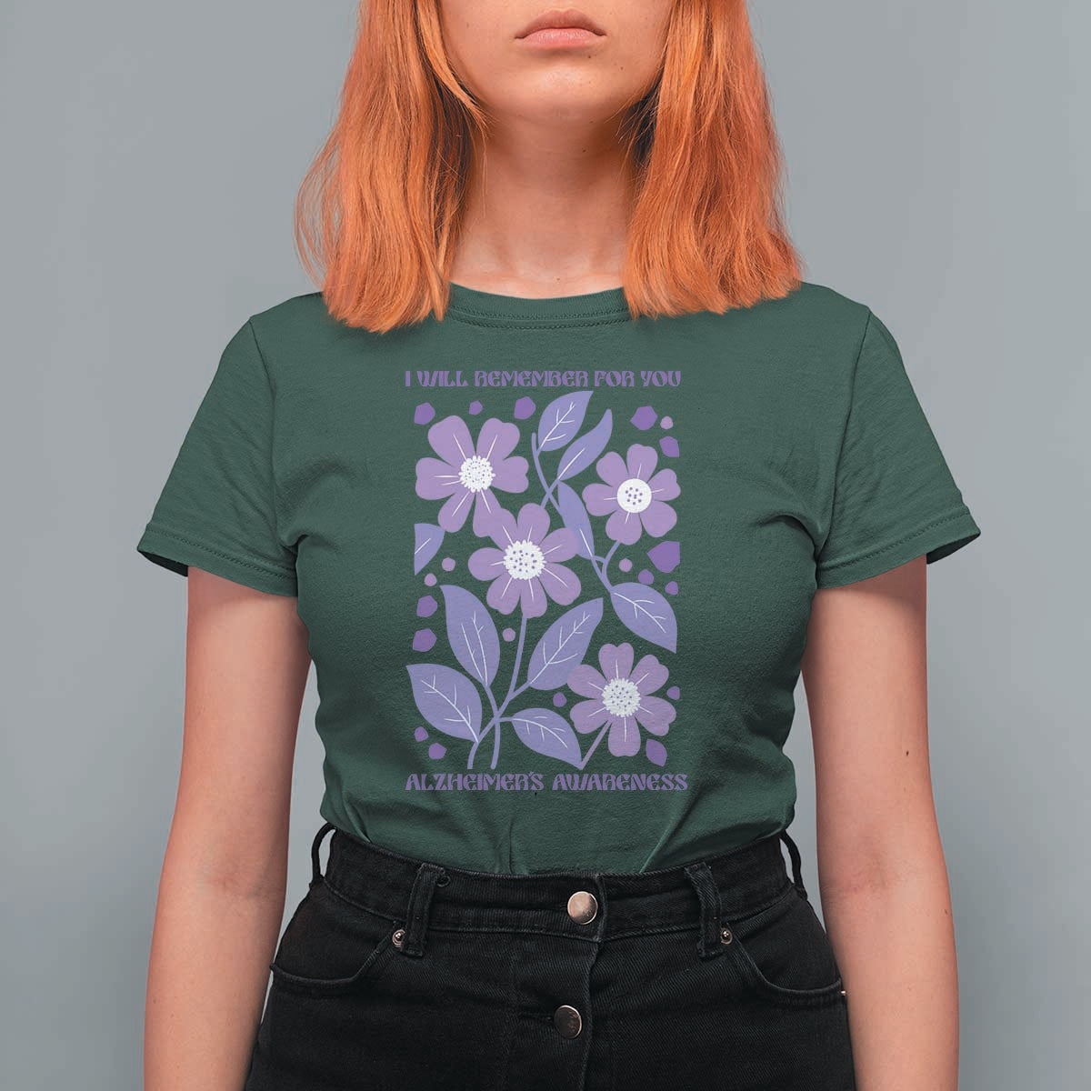 Alzheimers Purple Floral Retro Graphic T Shirt For Women I Will Remember For You