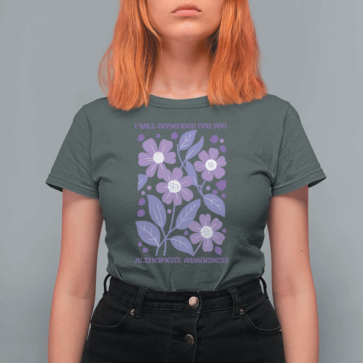 Alzheimers Purple Floral Retro Graphic T Shirt For Women I Will Remember For You