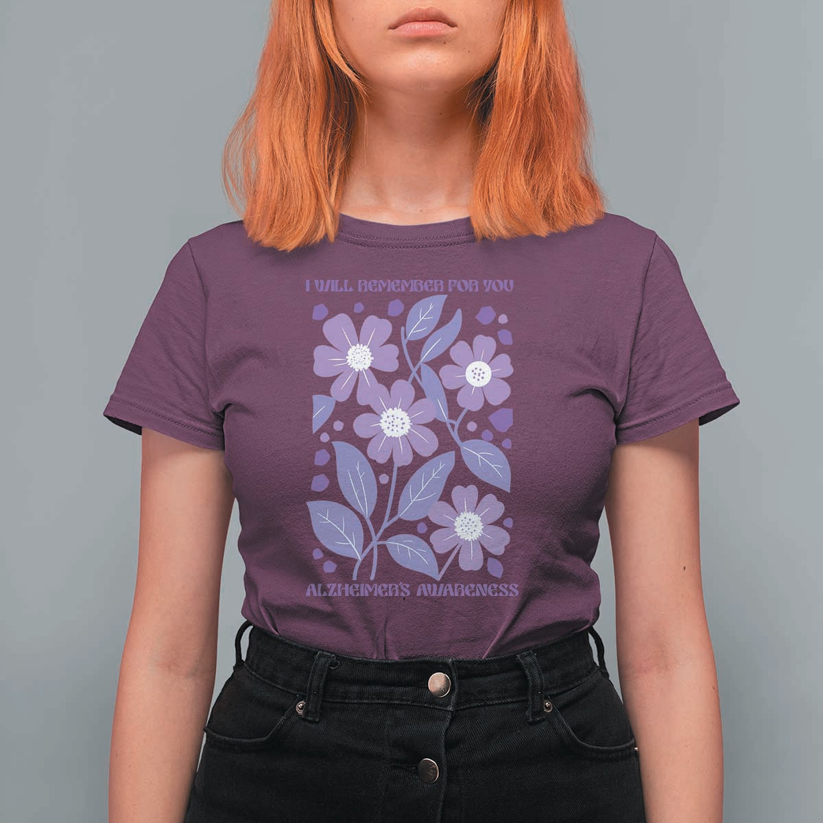 Alzheimers Purple Floral Retro Graphic T Shirt For Women I Will Remember For You