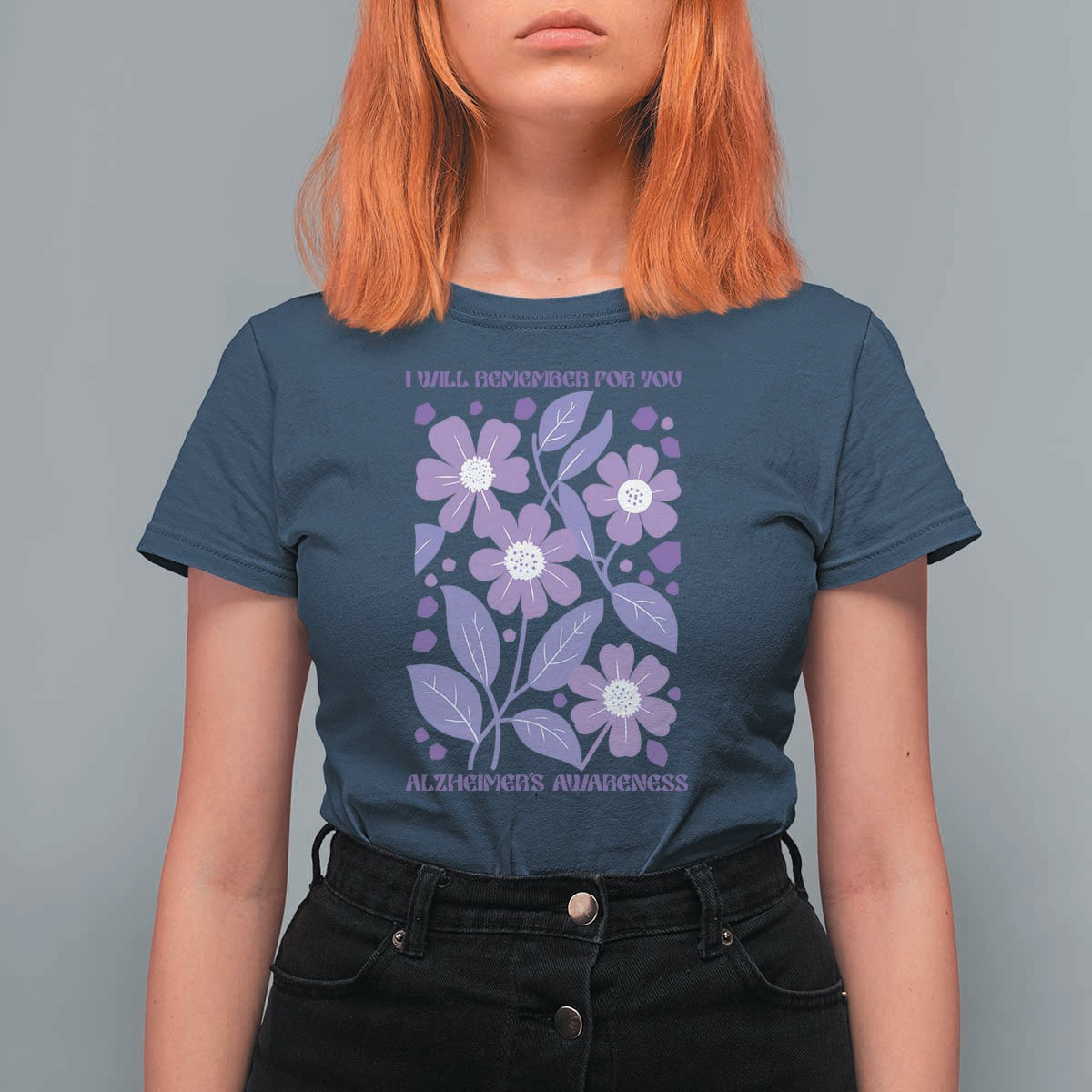 Alzheimers Purple Floral Retro Graphic T Shirt For Women I Will Remember For You
