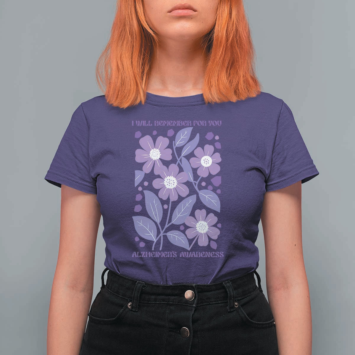Alzheimers Purple Floral Retro Graphic T Shirt For Women I Will Remember For You