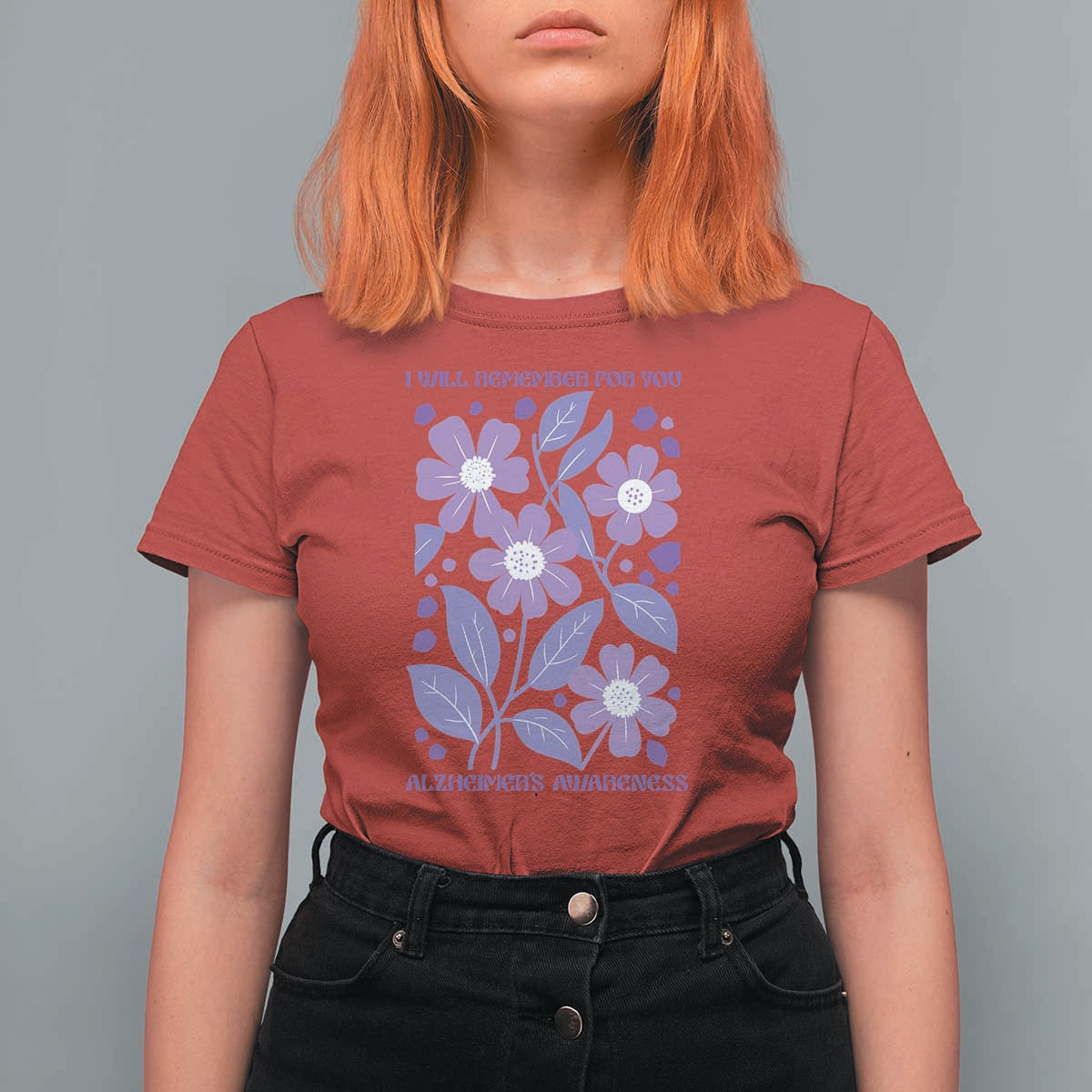 Alzheimers Purple Floral Retro Graphic T Shirt For Women I Will Remember For You