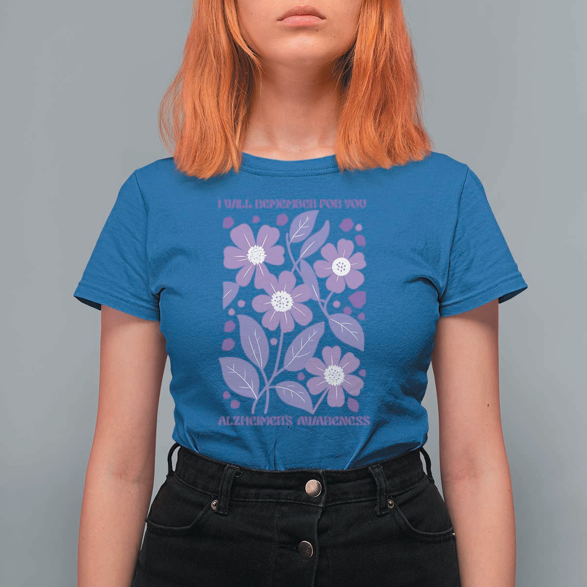 Alzheimers Purple Floral Retro Graphic T Shirt For Women I Will Remember For You