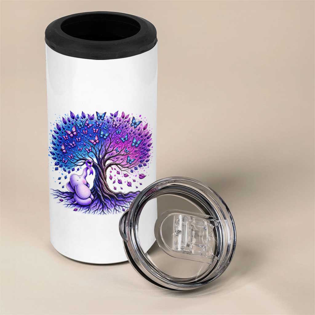 Purple Elephant Butterfly Ribbon 4 in 1 Can Cooler Tumbler Tree Of Life Alzheimers Support