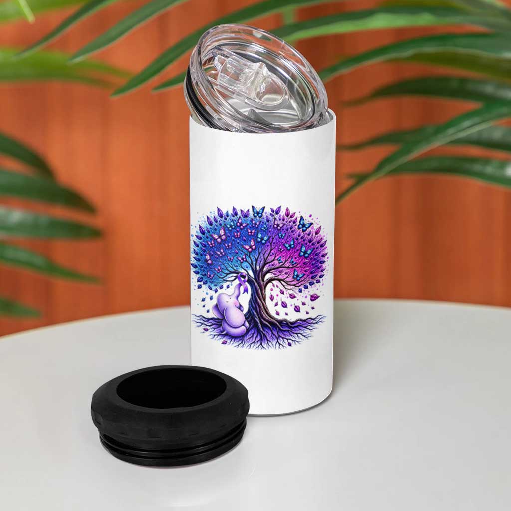 Purple Elephant Butterfly Ribbon 4 in 1 Can Cooler Tumbler Tree Of Life Alzheimers Support