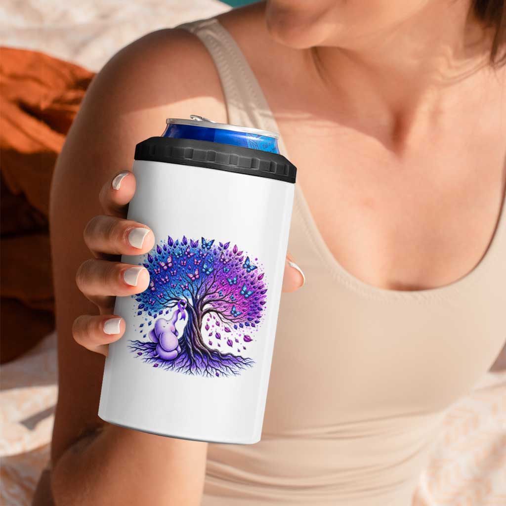Purple Elephant Butterfly Ribbon 4 in 1 Can Cooler Tumbler Tree Of Life Alzheimers Support
