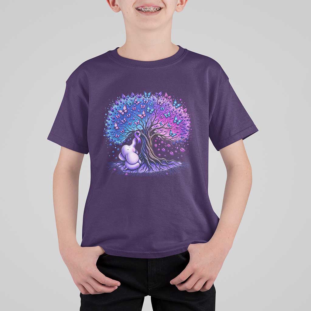 Purple Elephant Butterfly Ribbon T Shirt For Kid Tree Of Life Alzheimers Support