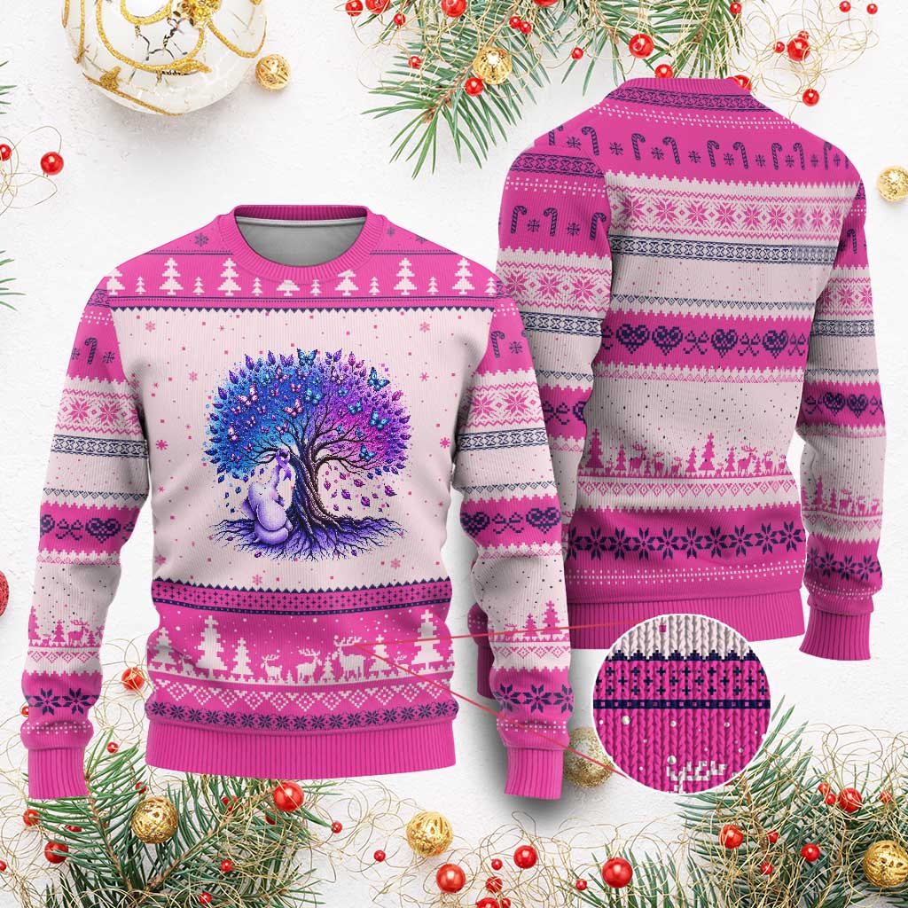 Purple Elephant Butterfly Ribbon Ugly Christmas Sweater Tree Of Life Alzheimers Support