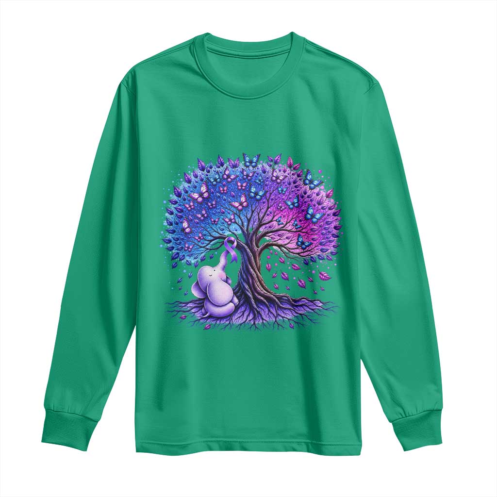 Purple Elephant Butterfly Ribbon Long Sleeve Shirt Tree Of Life Alzheimers Support