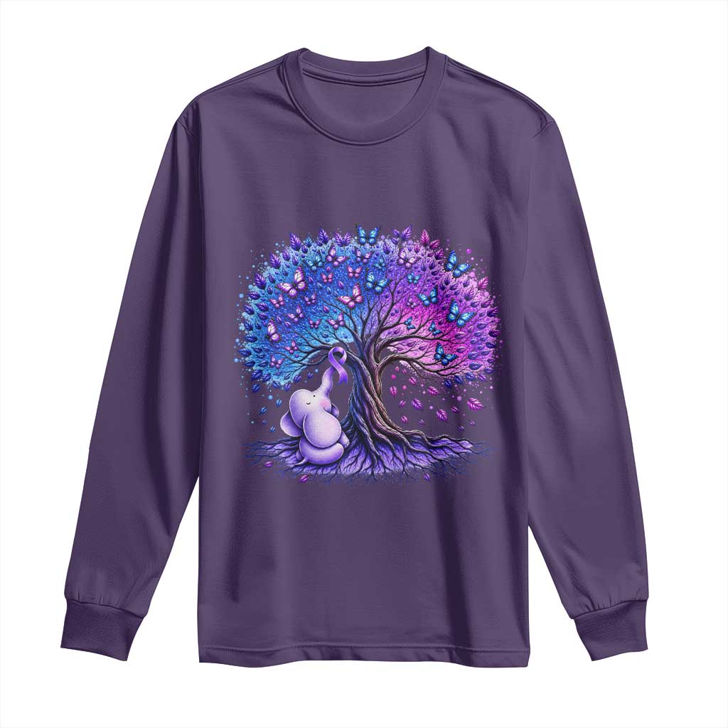 Purple Elephant Butterfly Ribbon Long Sleeve Shirt Tree Of Life Alzheimers Support