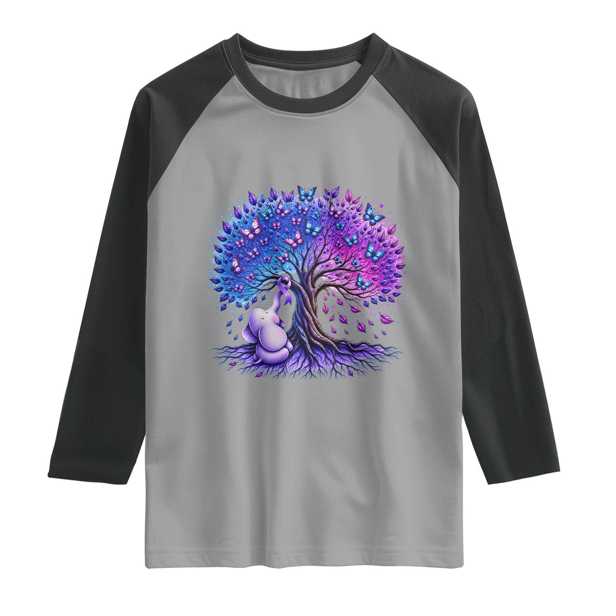 Purple Elephant Butterfly Ribbon Raglan Shirt Tree Of Life Alzheimers Support