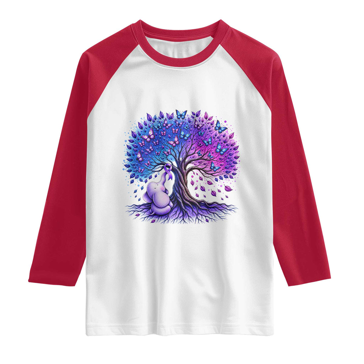 Purple Elephant Butterfly Ribbon Raglan Shirt Tree Of Life Alzheimers Support