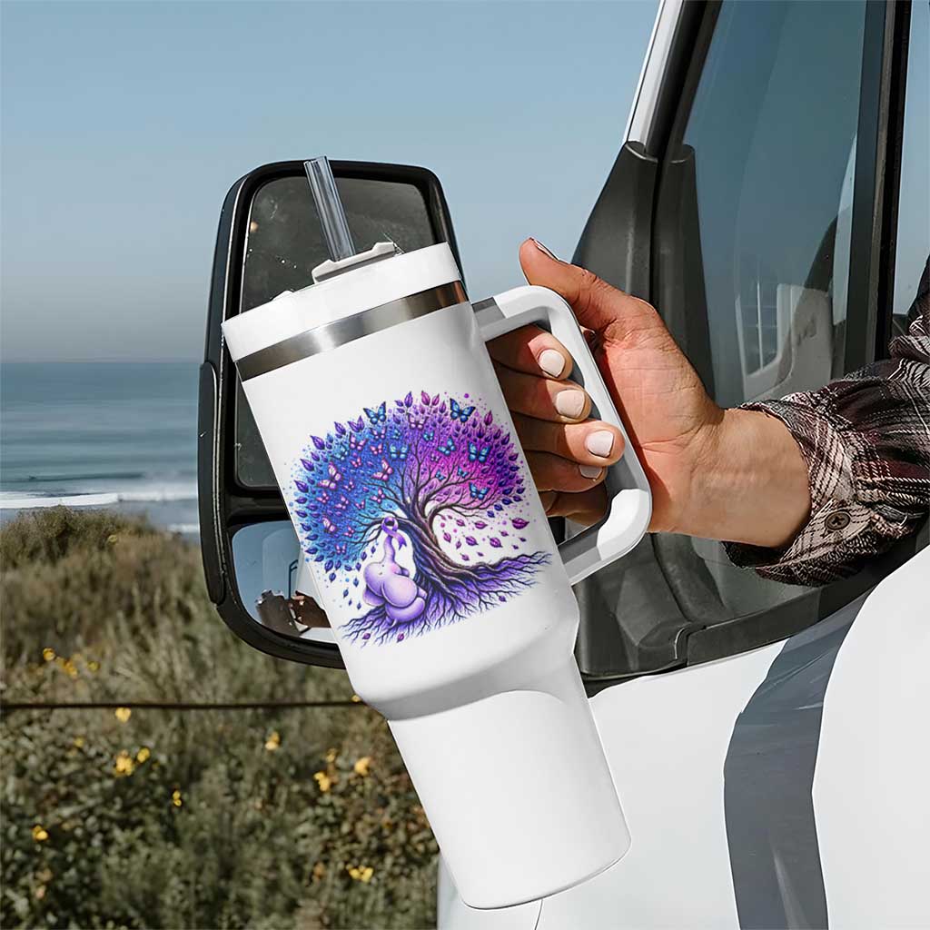 Purple Elephant Butterfly Ribbon Tumbler With Handle Tree Of Life Alzheimers Support