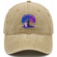 Purple Elephant Butterfly Ribbon Washed Cotton Baseball Cap Tree Of Life Alzheimers Support