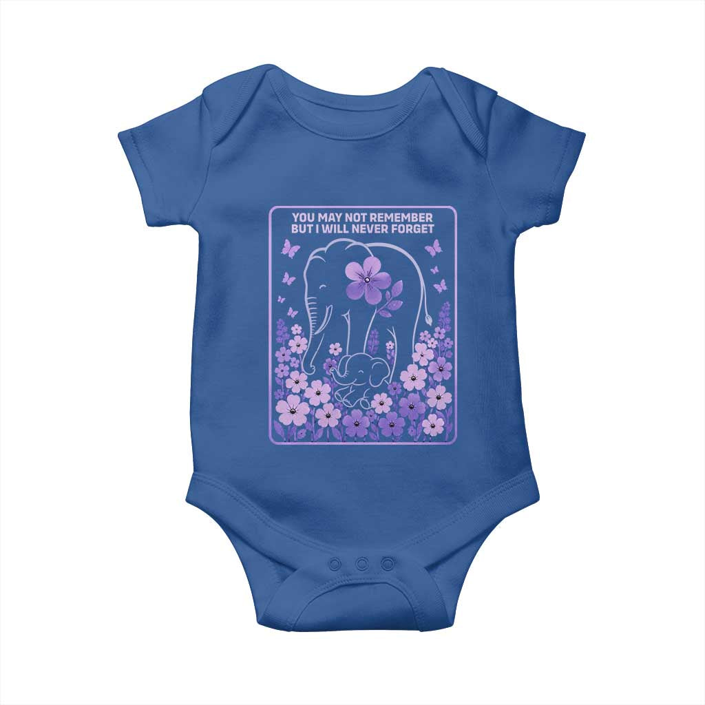 Elephant Alzheimers Purple Floral Support Baby Onesie You May Not Remember But I Will Never Forget