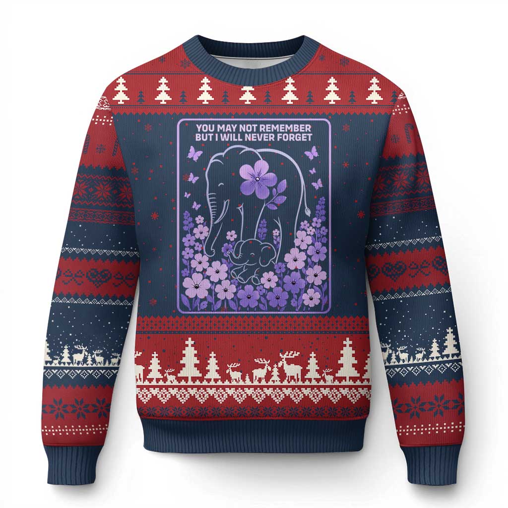 Elephant Alzheimers Purple Floral Support Ugly Christmas Sweater You May Not Remember But I Will Never Forget