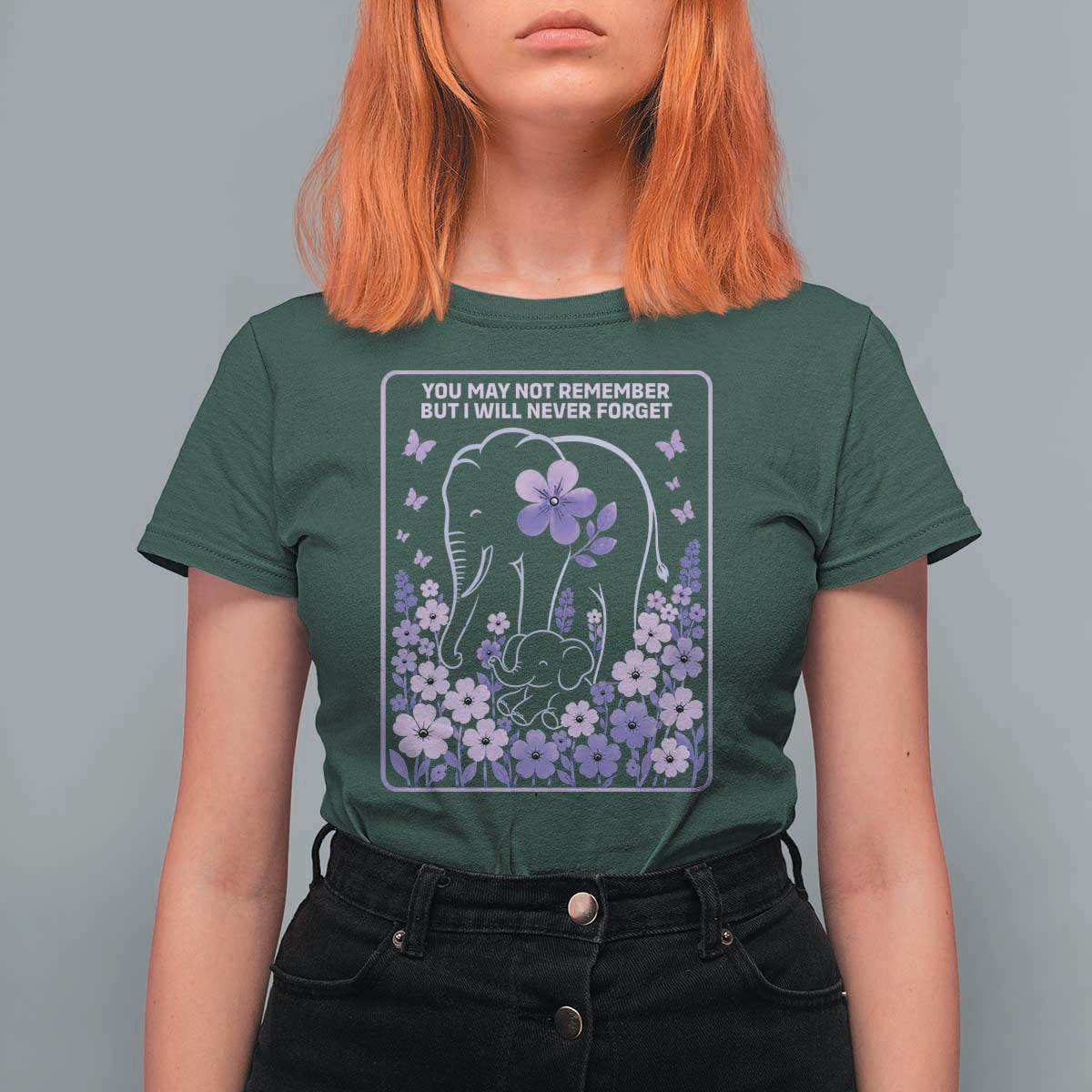 Elephant Alzheimers Purple Floral Support T Shirt For Women You May Not Remember But I Will Never Forget