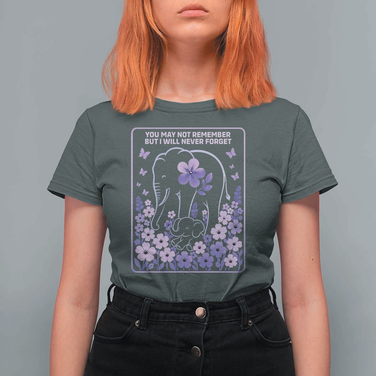 Elephant Alzheimers Purple Floral Support T Shirt For Women You May Not Remember But I Will Never Forget