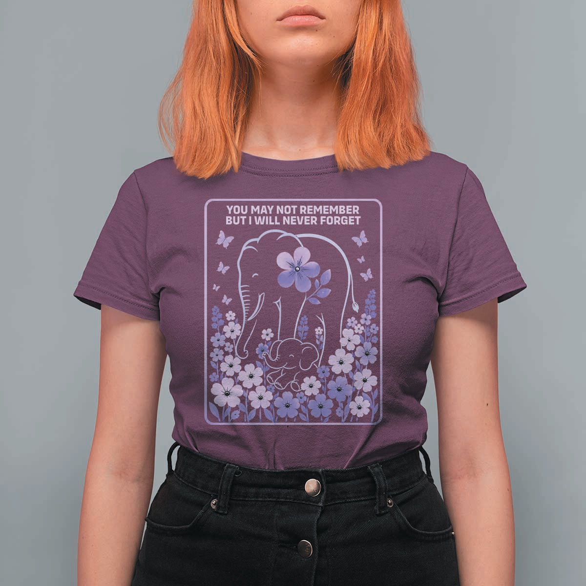 Elephant Alzheimers Purple Floral Support T Shirt For Women You May Not Remember But I Will Never Forget