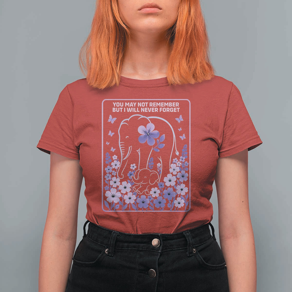 Elephant Alzheimers Purple Floral Support T Shirt For Women You May Not Remember But I Will Never Forget