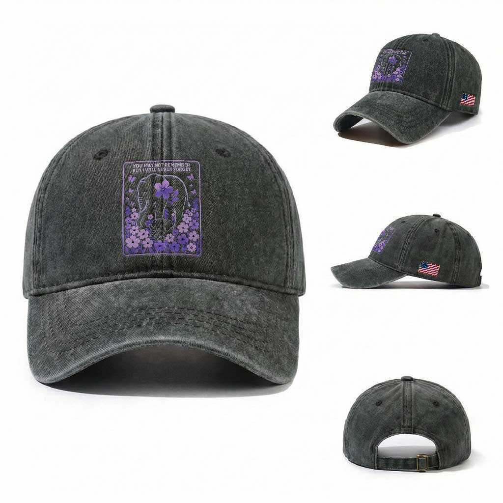 Elephant Alzheimers Purple Floral Support Washed Cotton Baseball Cap You May Not Remember But I Will Never Forget