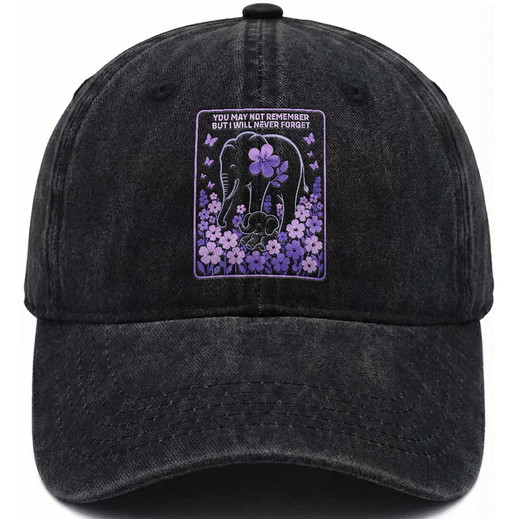 Elephant Alzheimers Purple Floral Support Washed Cotton Baseball Cap You May Not Remember But I Will Never Forget