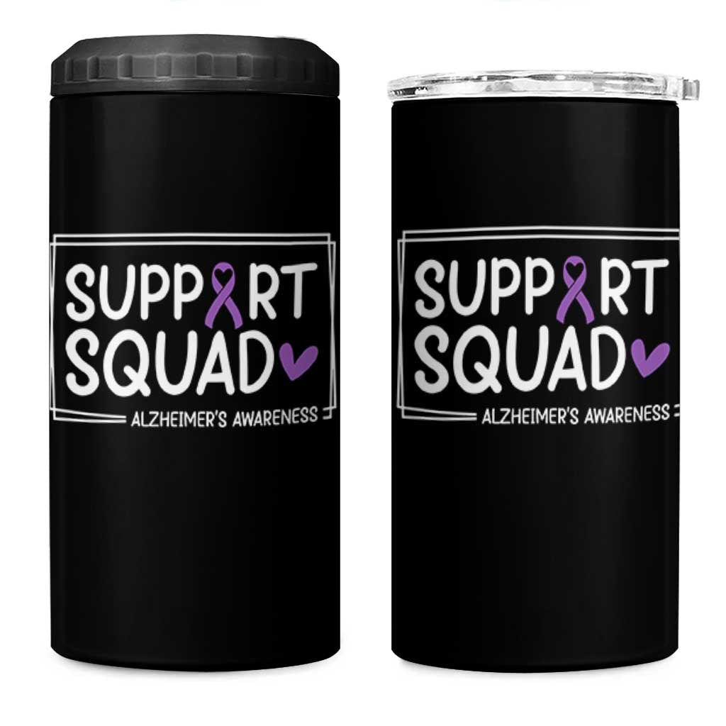 Support Squad Alzheimers 4 in 1 Can Cooler Tumbler Purple Ribbon Hope Strength Love