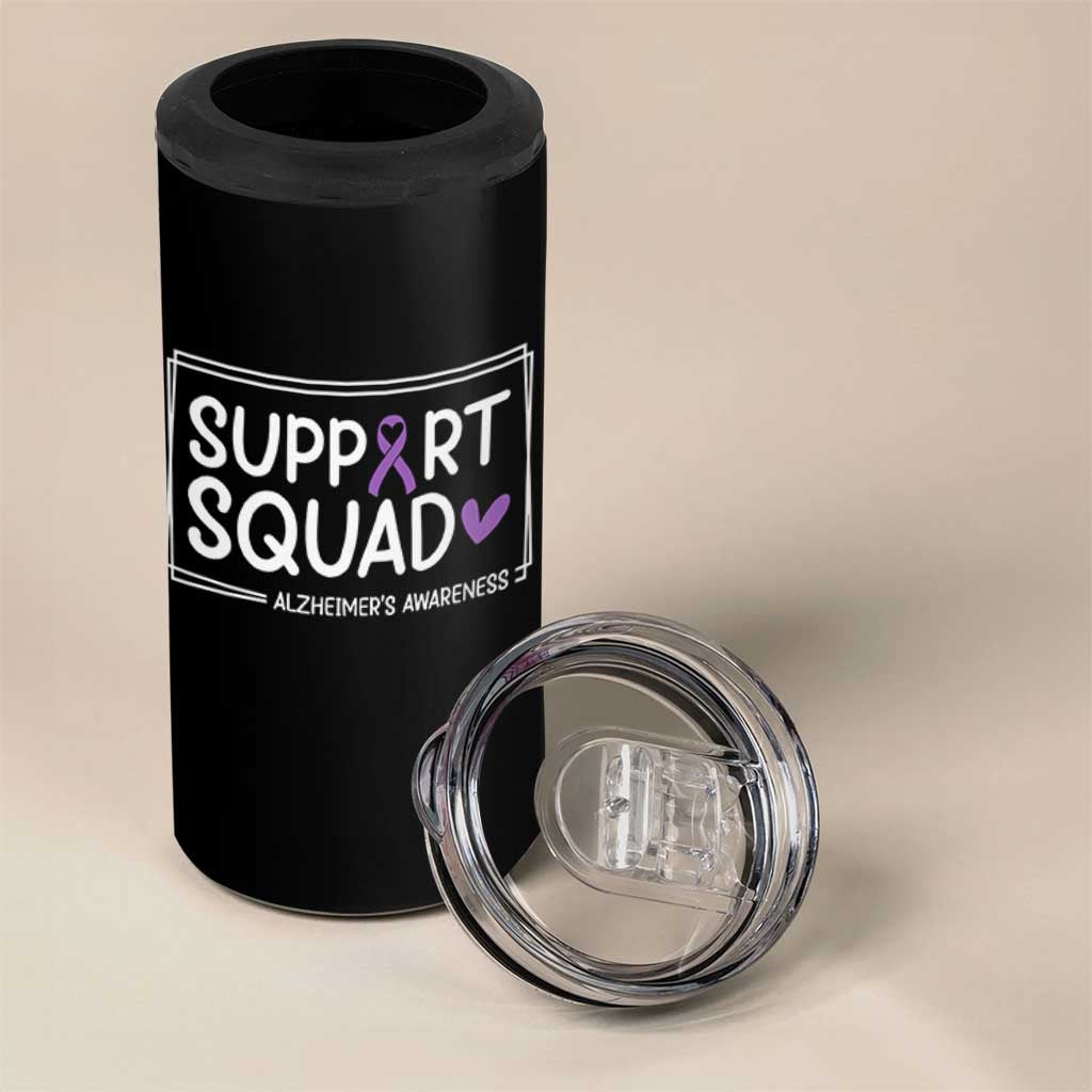 Support Squad Alzheimers 4 in 1 Can Cooler Tumbler Purple Ribbon Hope Strength Love