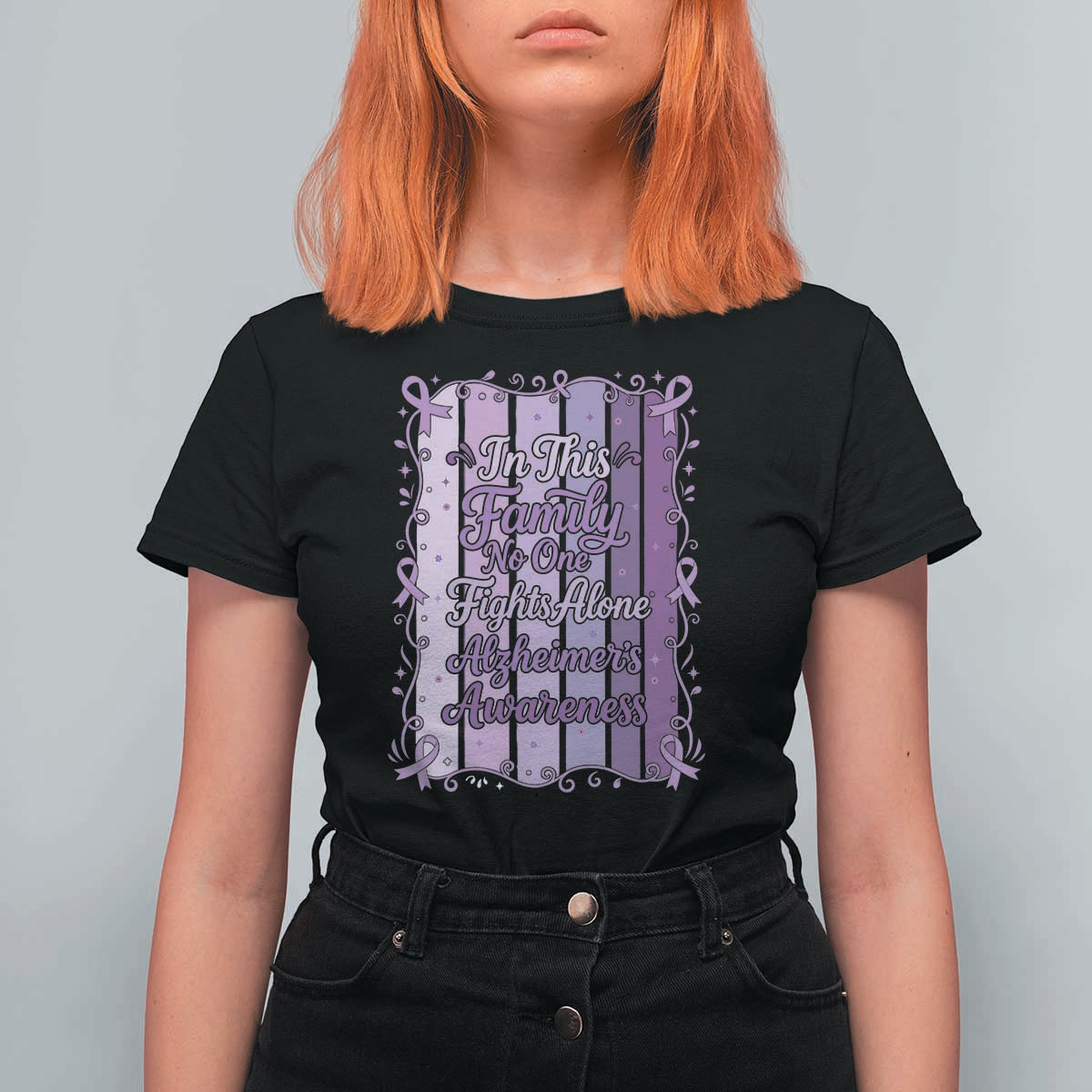 Purple Ribbon Alzheimers Caregiver Squad Gift T Shirt For Women In This Family We Support Together